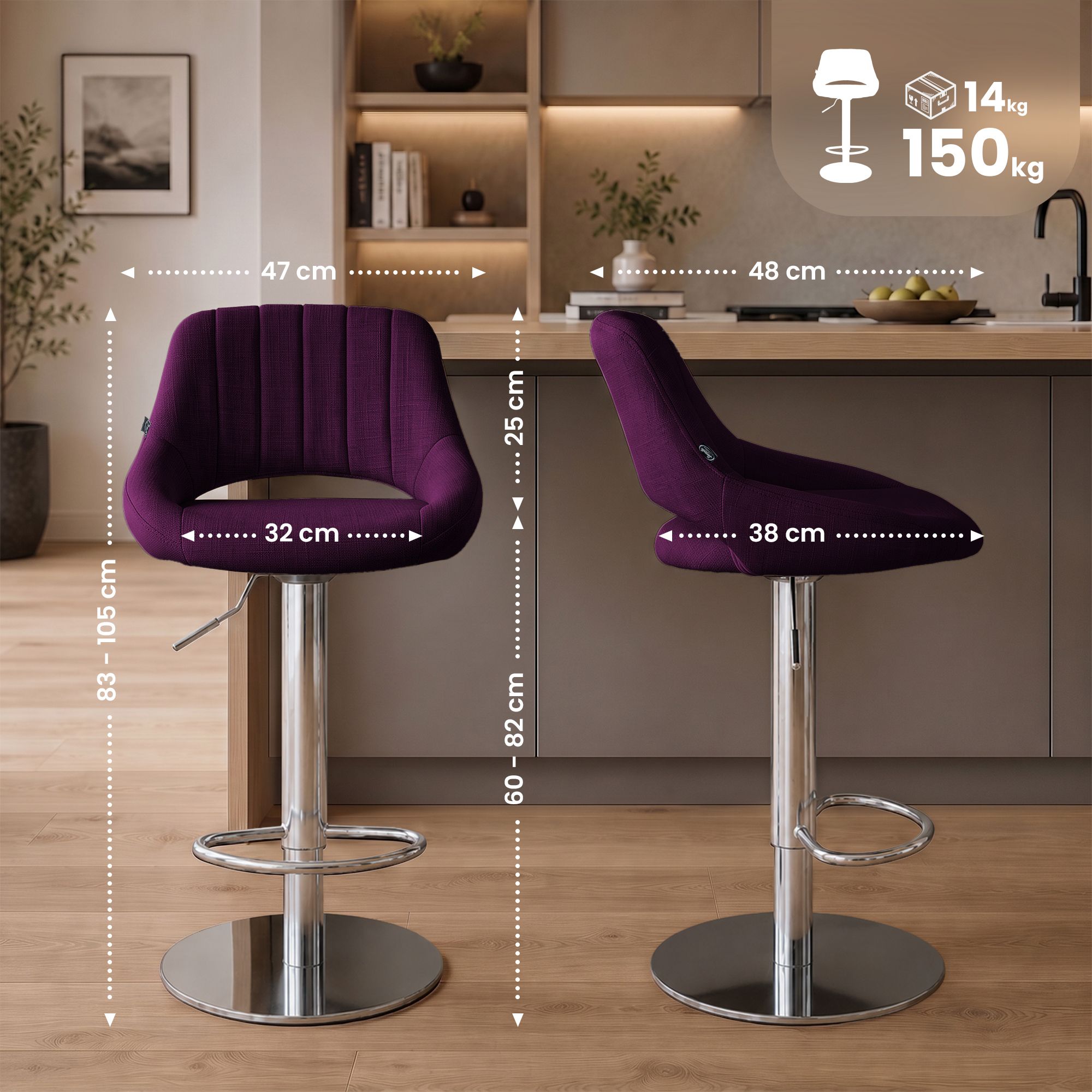 2er Set Barhocker Milet Chrom mit extra schweren Standfüßen