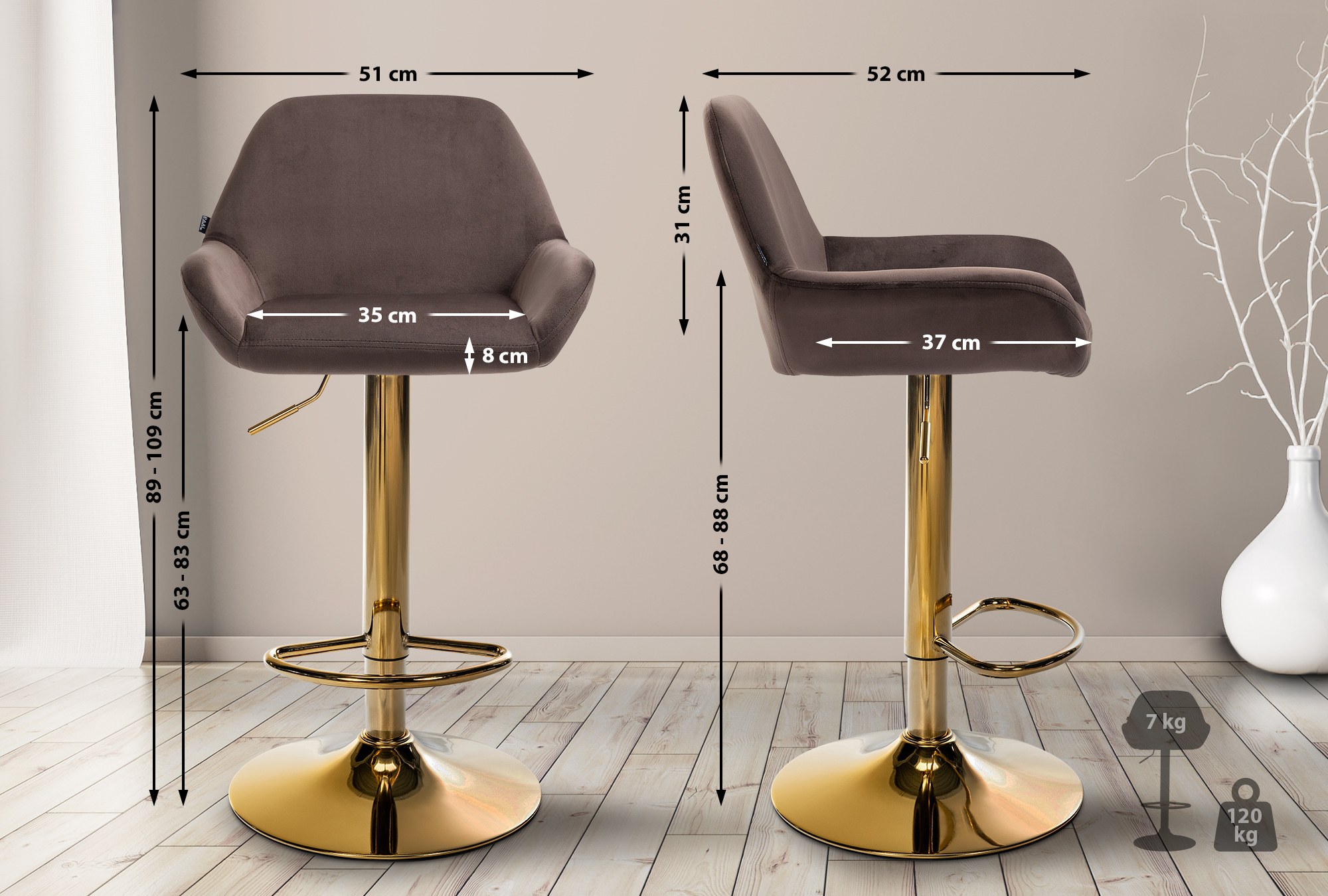 2er Set Barhocker Braga Gold Samt