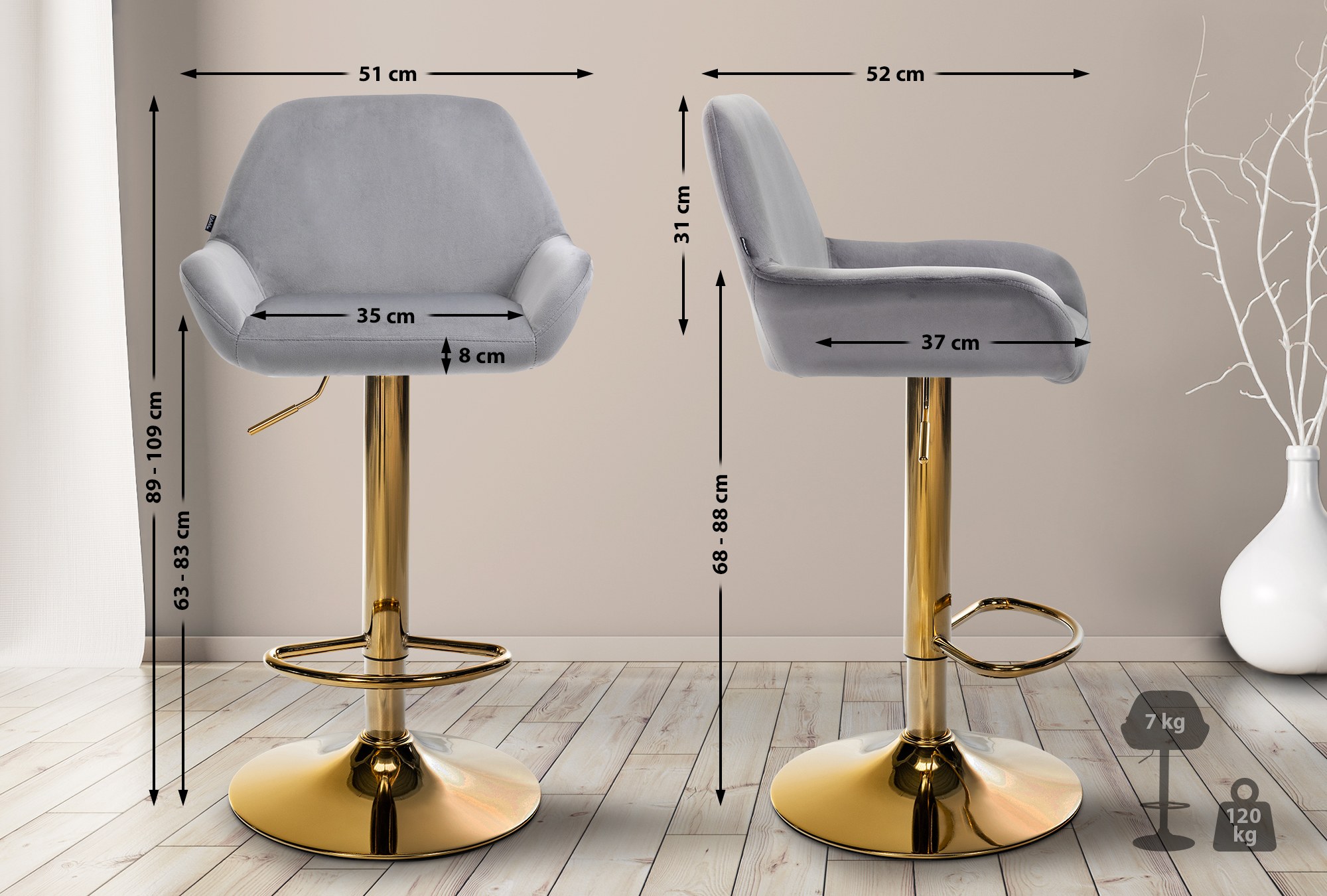 2er Set Barhocker Braga Gold Samt