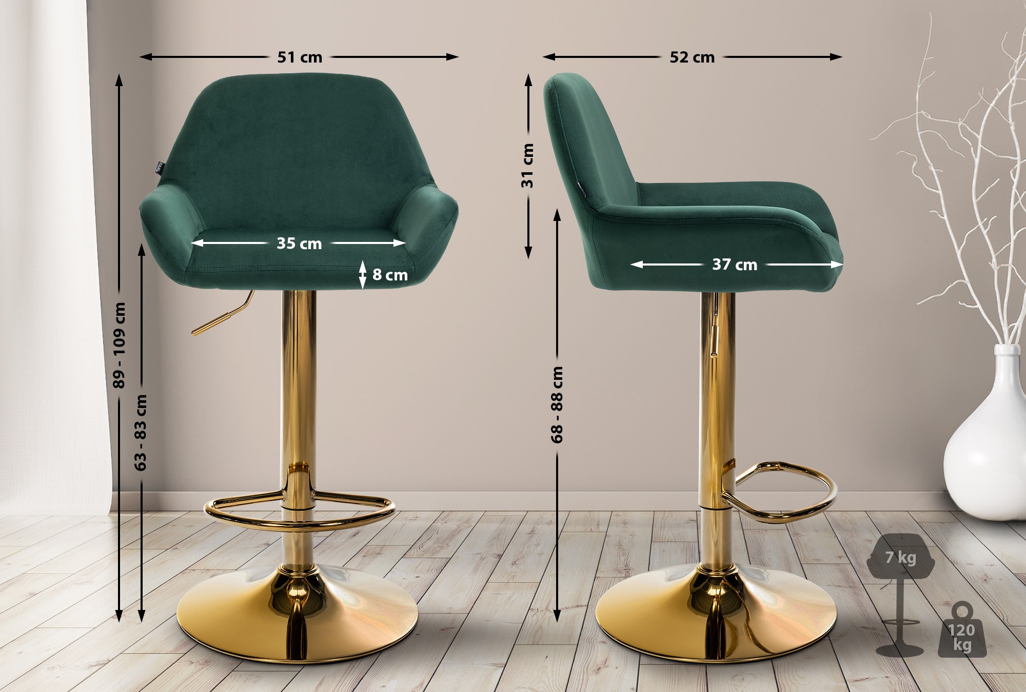 2er Set Barhocker Braga Gold Samt