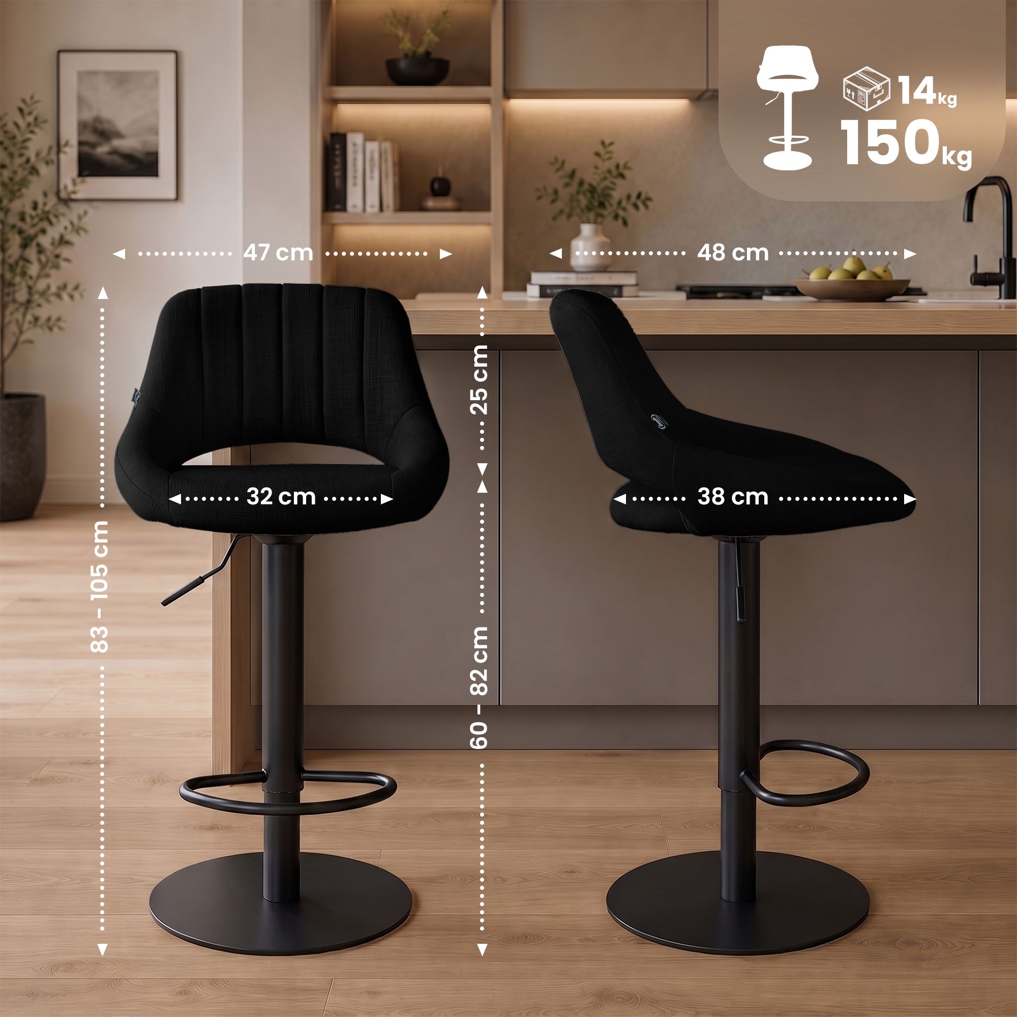 2er Set Barhocker Milet Schwarz mit extra schweren Standfüßen