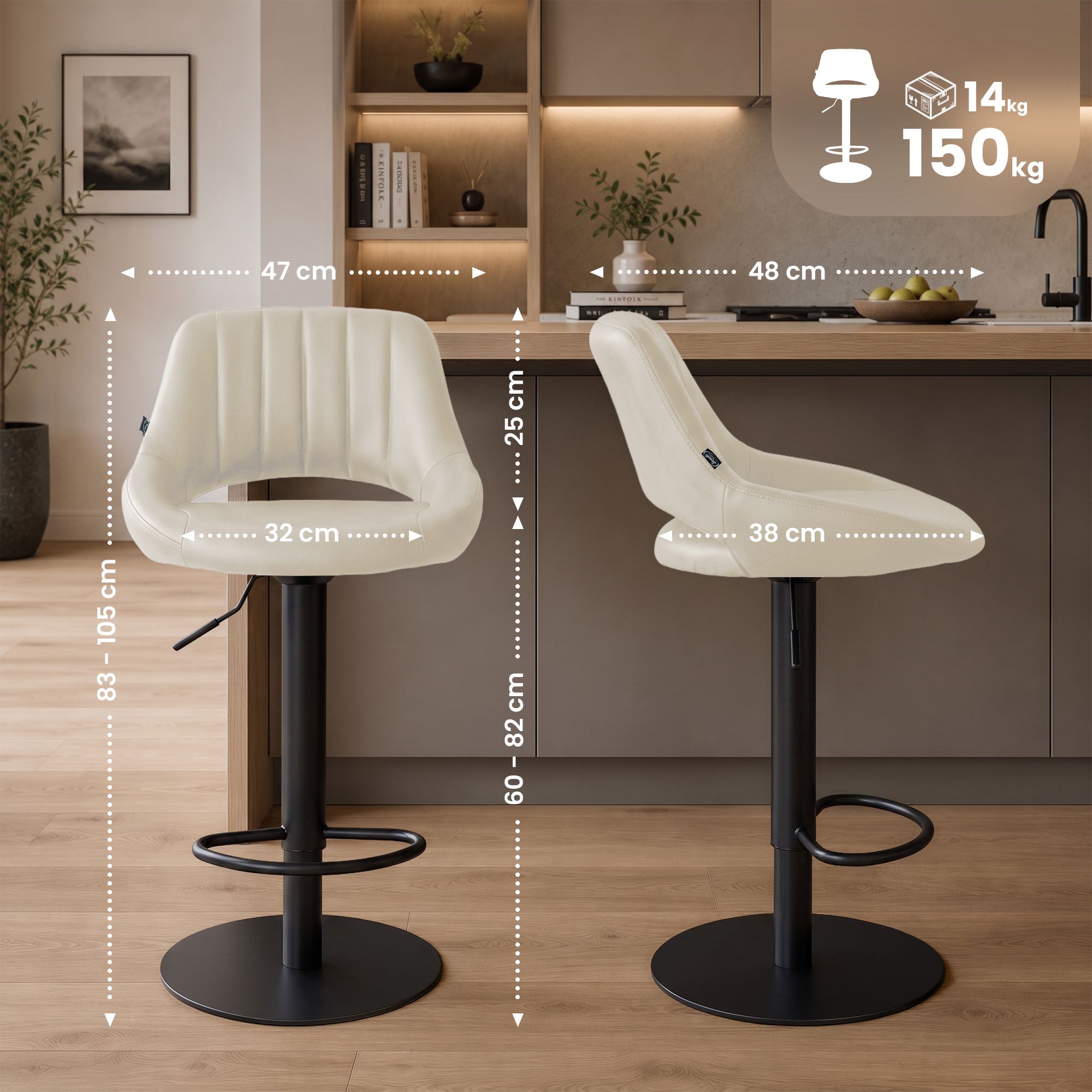 2er Set Barhocker Milet Schwarz mit extra schweren Standfüßen