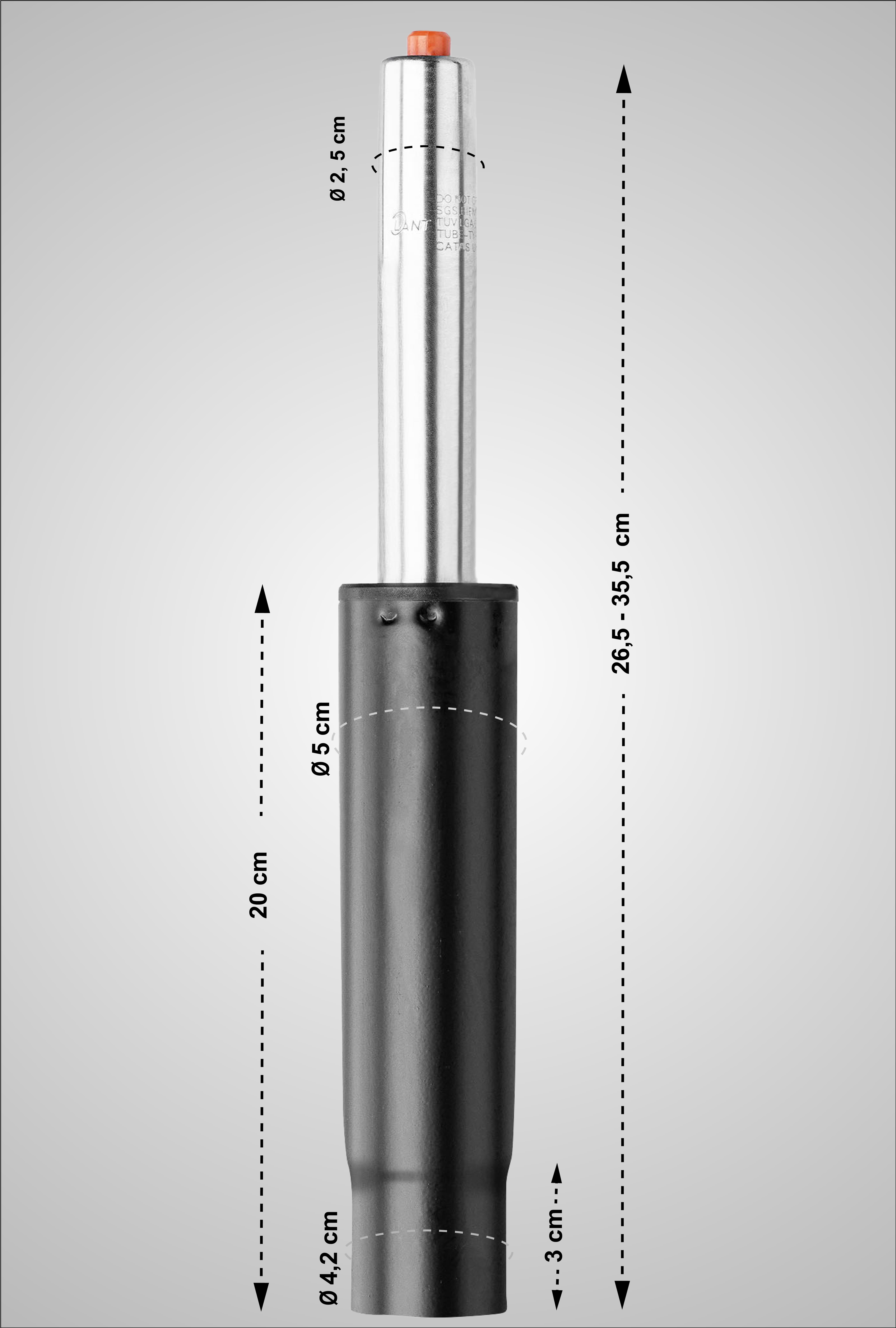 Gasdruckfeder für Bürostühle schwarz Ø 5cm, Länge 266-355mm