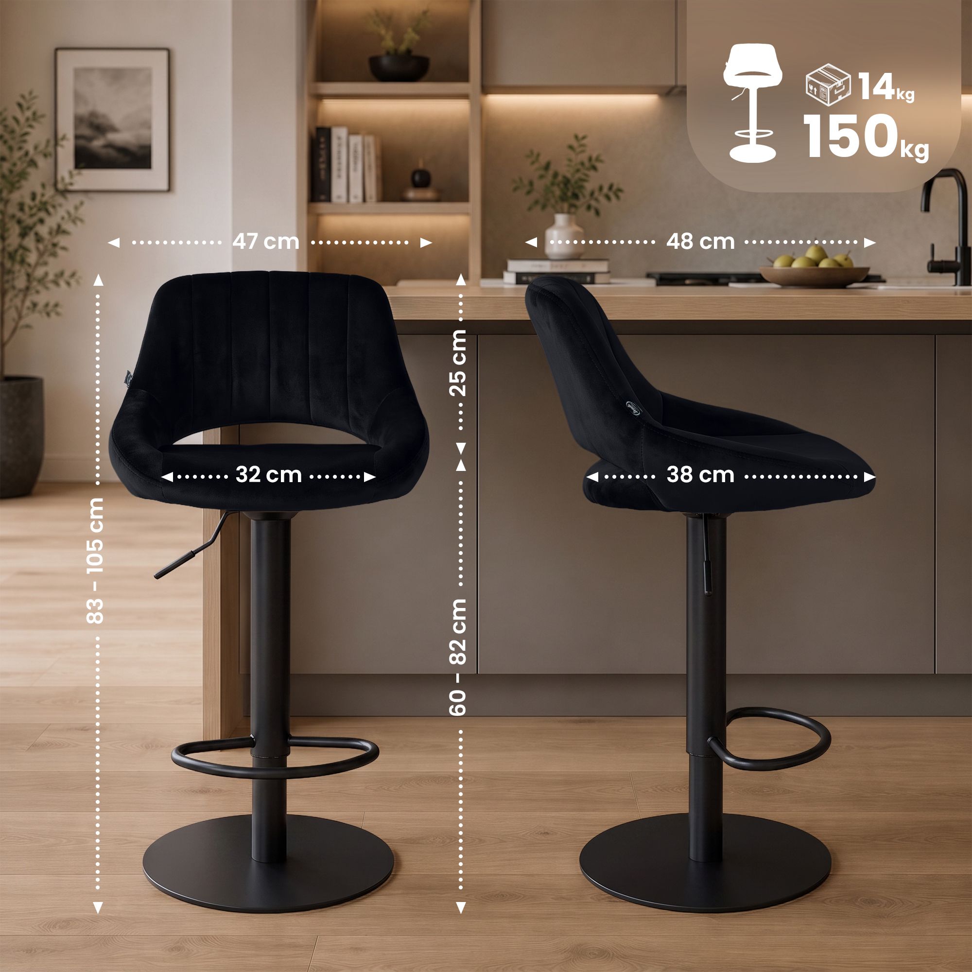 2er Set Barhocker Milet Schwarz mit extra schweren Standfüßen