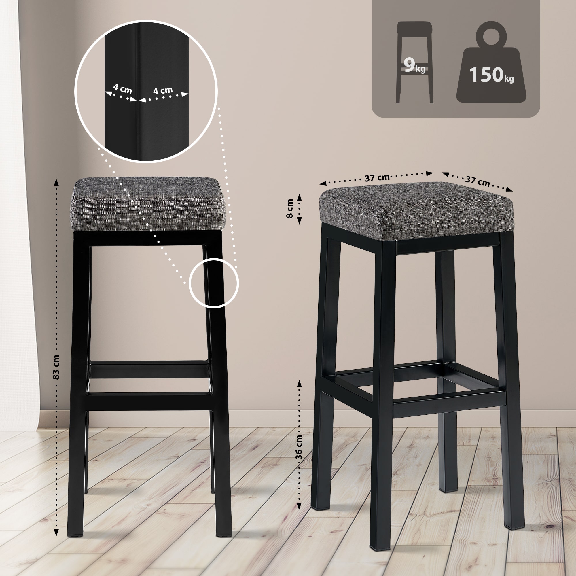 Barhocker Taylor Sitzhöhe 83 cm Metallgestell schwarz