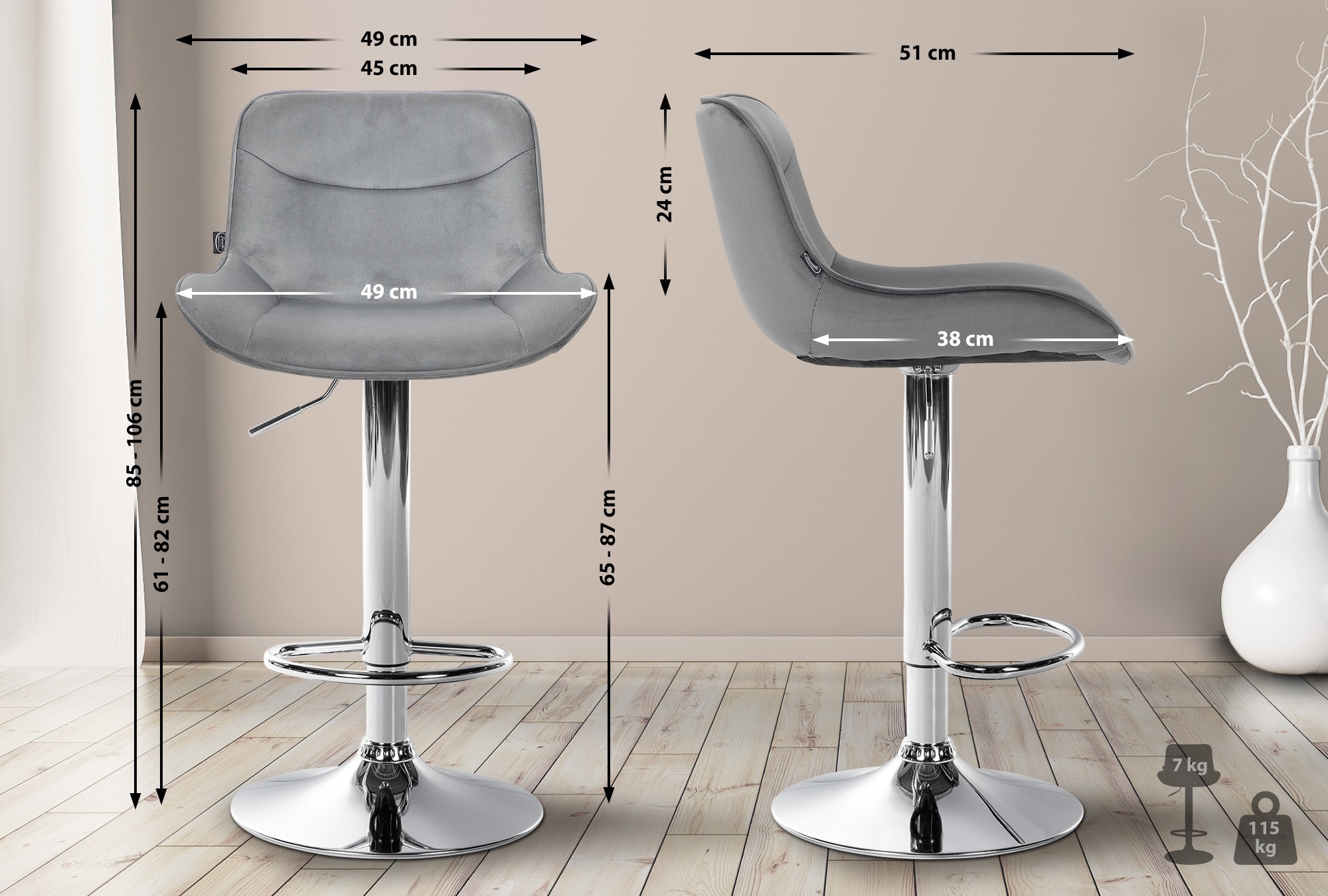 2er Set Barhocker Vonore Samt